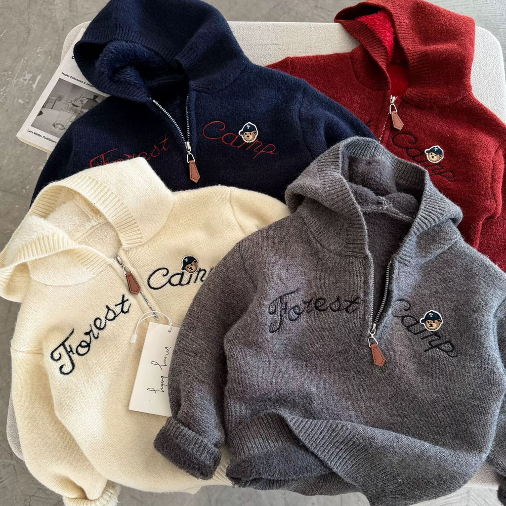 Children's Sweater 2025 Winter New Style Solid Color Letter Embroidery Thickened Zipper One-Piece Fleece Pullover Knitted Top