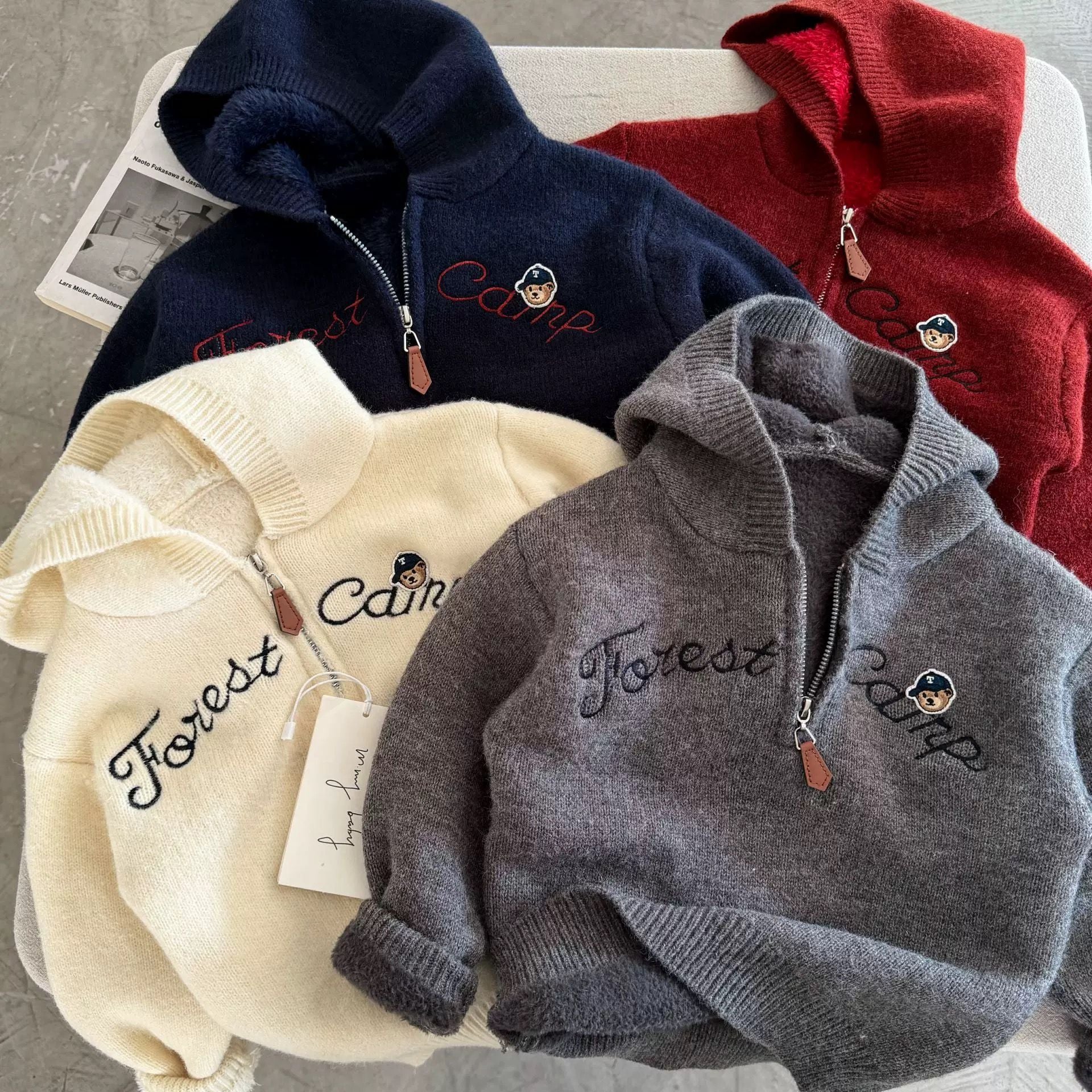 Children's Sweater 2025 Winter New Style Solid Color Letter Embroidery Thickened Zipper One-Piece Fleece Pullover Knitted Top