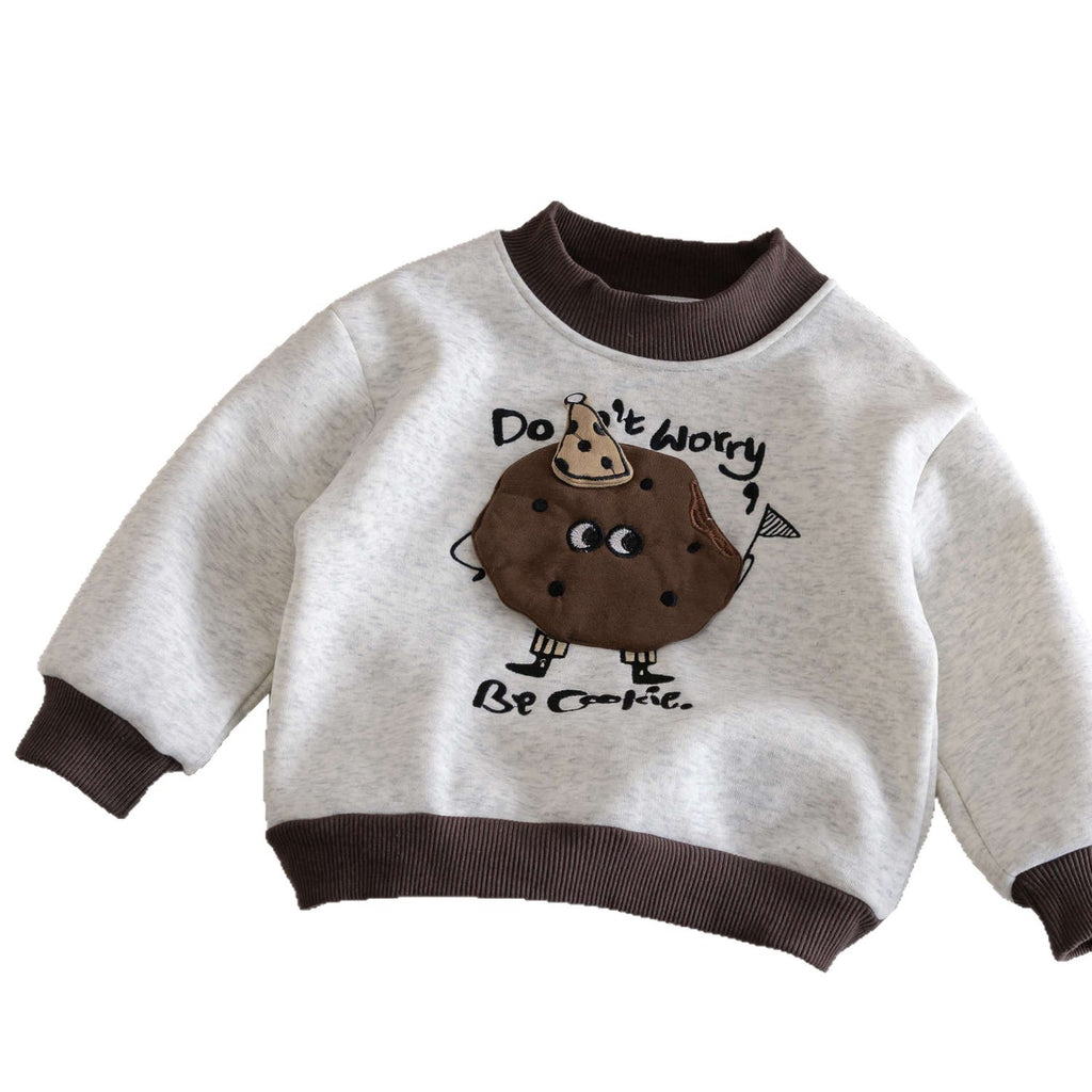 Children's high-neck sweatshirt, 2025 new autumn and winter style, Korean style, fleece-lined top, fashionable round neck shirt for boys and girls.