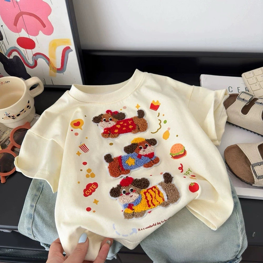 Children's short-sleeved T-shirt, summer 2025, 3D cartoon doll top for boys and girls, pure cotton, versatile children's clothing.