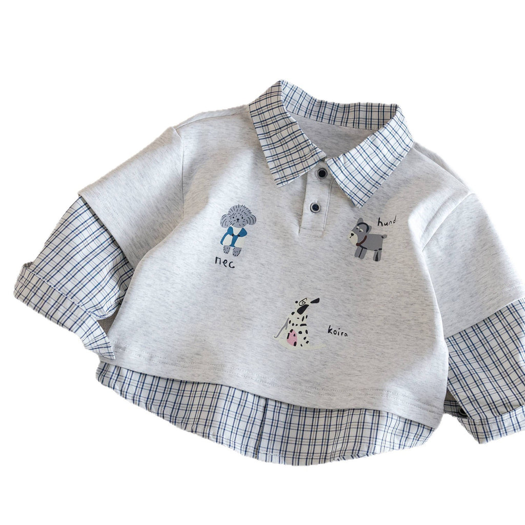 Children's Shirt 2025 Spring and Autumn New Style Boys' Faux Two-Piece Top Baby Cartoon Casual Long-Sleeved Shirt Trendy and Cool