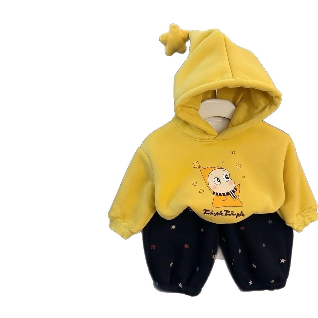 2025 Winter New Style Comfortable Casual Hooded Sweatshirt and Cute Fleece-Lined Sweatpants Set for Boys and Girls