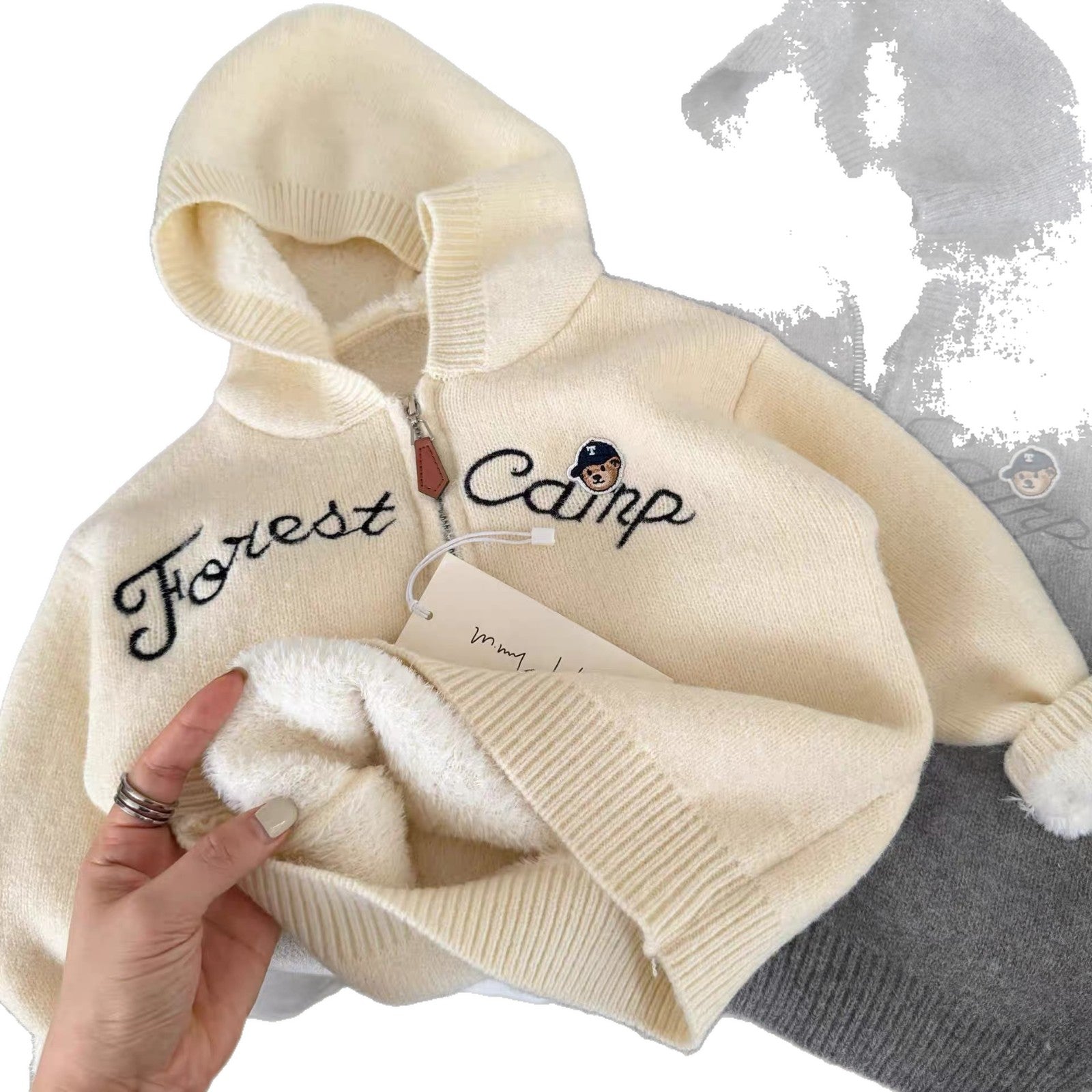 Children's Sweater 2025 Winter New Style Solid Color Letter Embroidery Thickened Zipper One-Piece Fleece Pullover Knitted Top