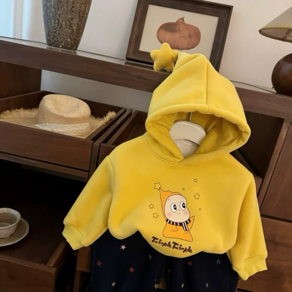 2025 Winter New Style Comfortable Casual Hooded Sweatshirt and Cute Fleece-Lined Sweatpants Set for Boys and Girls