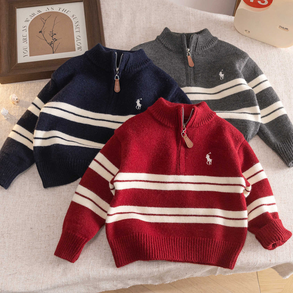 Boys' half-zip thick striped knit sweater, children's sweater, 2025 autumn and winter new style, simple base layer for toddlers.