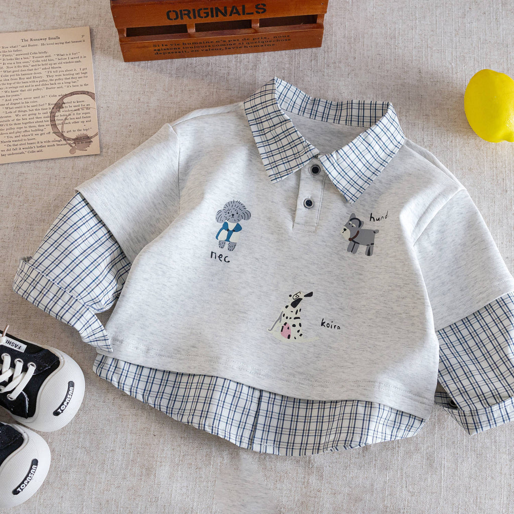 Children's Shirt 2025 Spring and Autumn New Style Boys' Faux Two-Piece Top Baby Cartoon Casual Long-Sleeved Shirt Trendy and Cool
