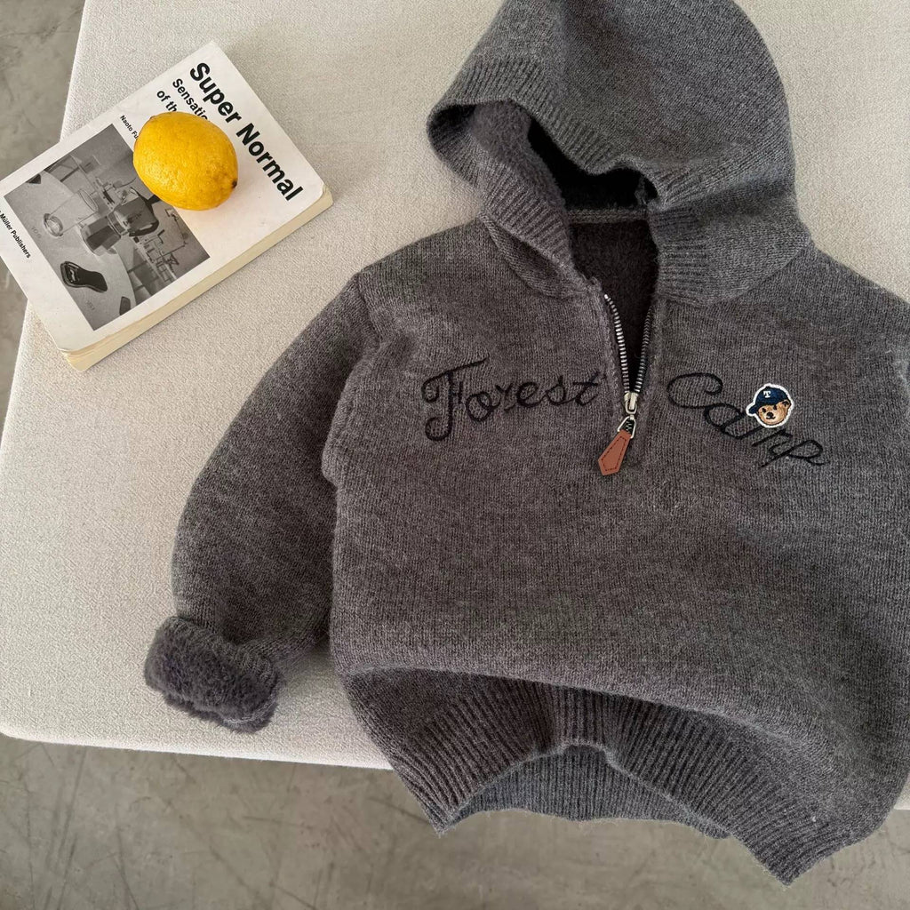 Children's Sweater 2025 Winter New Style Solid Color Letter Embroidery Thickened Zipper One-Piece Fleece Pullover Knitted Top
