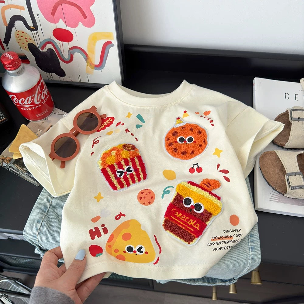Children's short-sleeved T-shirt, summer 2025, 3D cartoon doll top for boys and girls, pure cotton, versatile children's clothing.