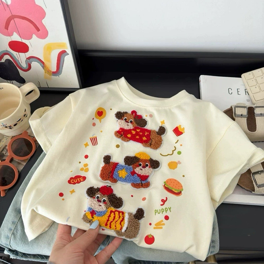 Children's short-sleeved T-shirt, summer 2025, 3D cartoon doll top for boys and girls, pure cotton, versatile children's clothing.
