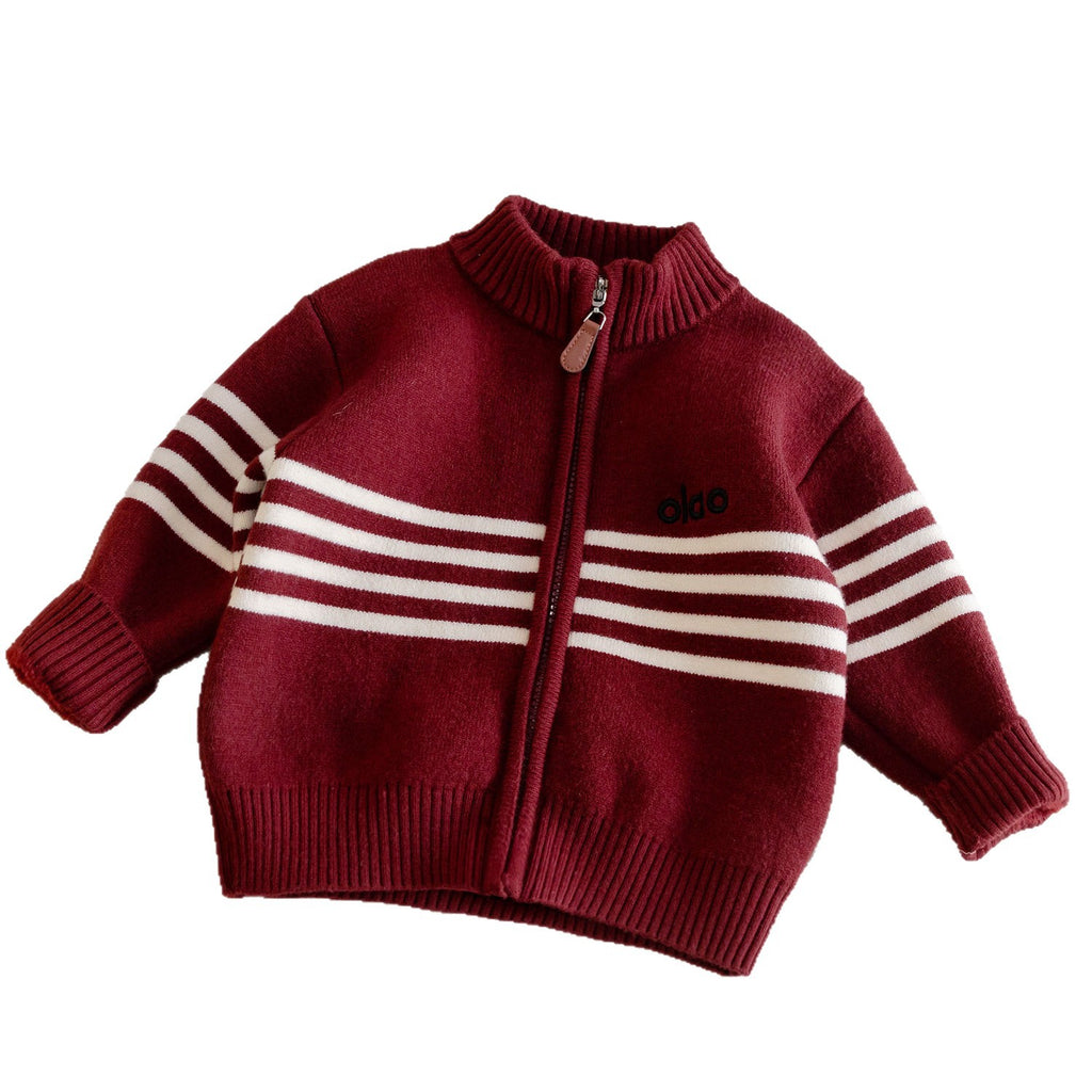 Boys' winter sweater, 2025 new style, children's fleece-lined and thickened baby cardigan, red New Year's coat, autumn and winter style.