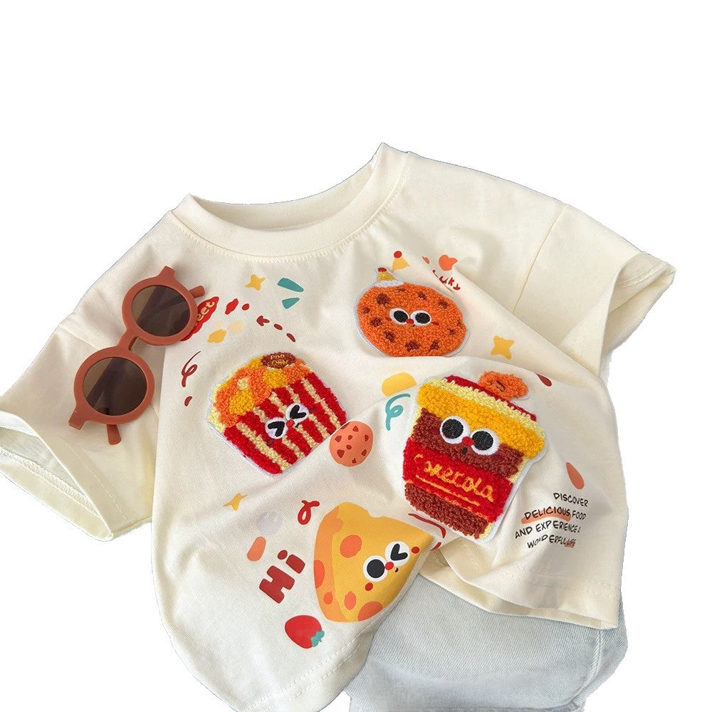 Children's short-sleeved T-shirt, summer 2025, 3D cartoon doll top for boys and girls, pure cotton, versatile children's clothing.