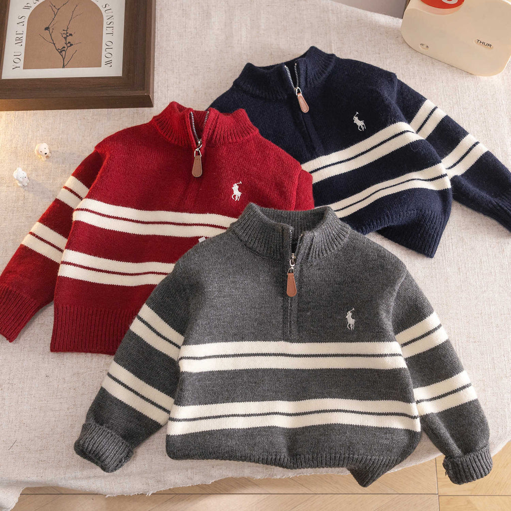 Boys' half-zip thick striped knit sweater, children's sweater, 2025 autumn and winter new style, simple base layer for toddlers.