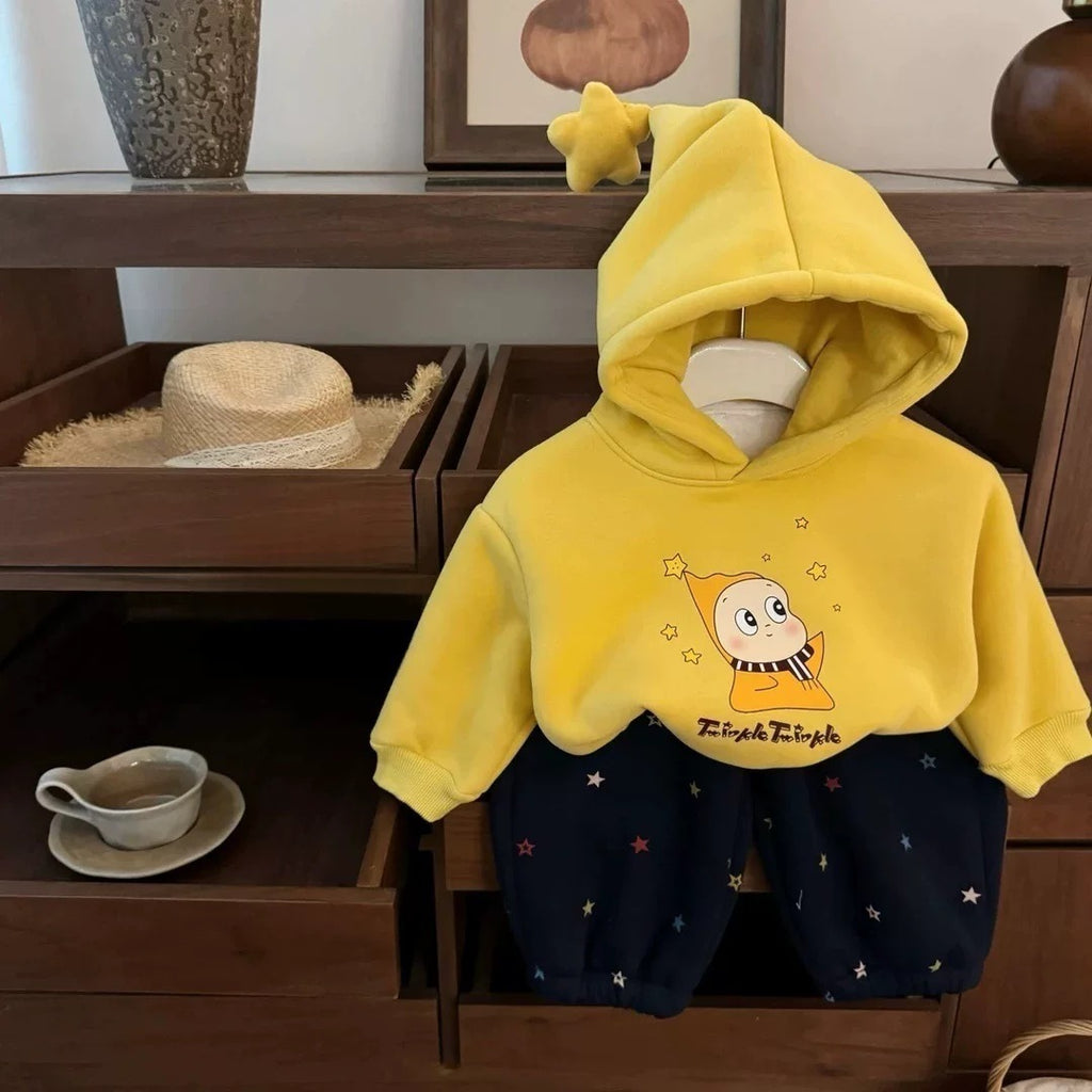 2025 Winter New Style Comfortable Casual Hooded Sweatshirt and Cute Fleece-Lined Sweatpants Set for Boys and Girls
