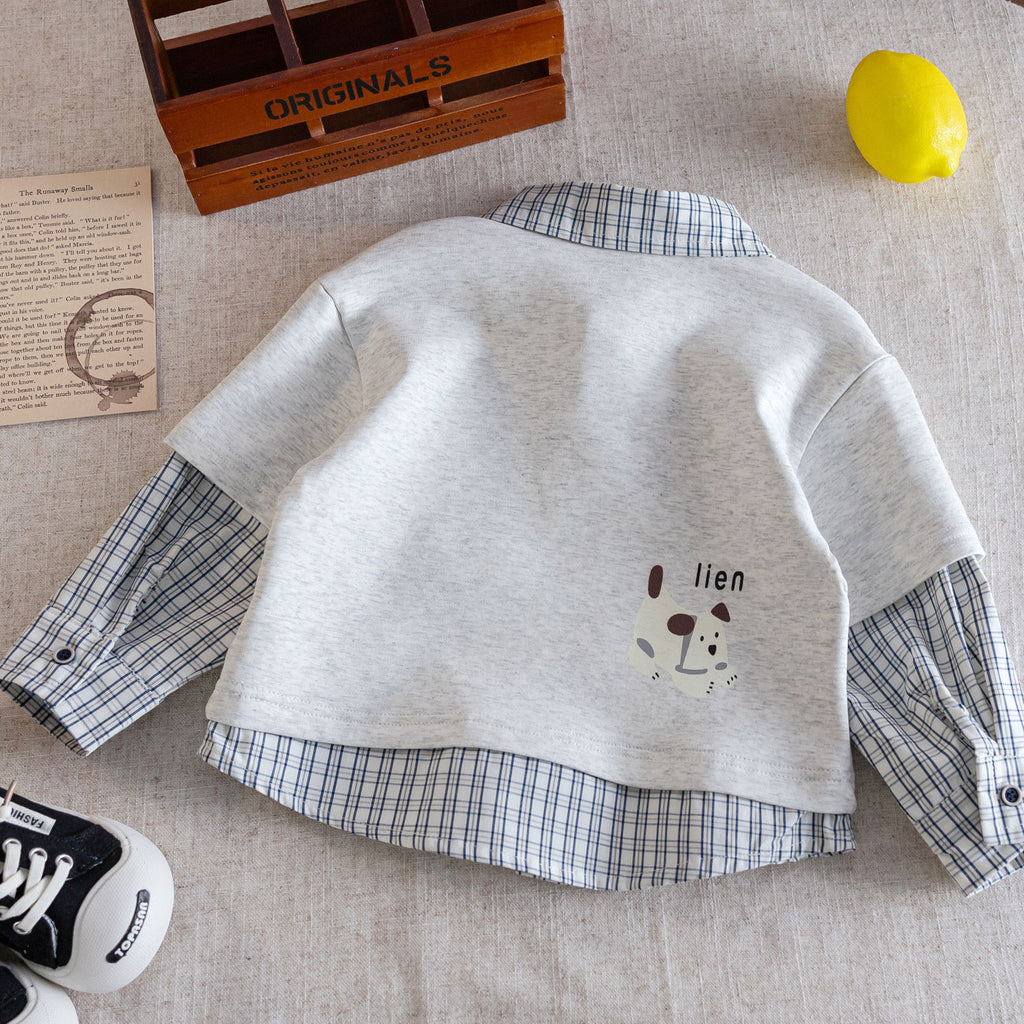 Children's Shirt 2025 Spring and Autumn New Style Boys' Faux Two-Piece Top Baby Cartoon Casual Long-Sleeved Shirt Trendy and Cool